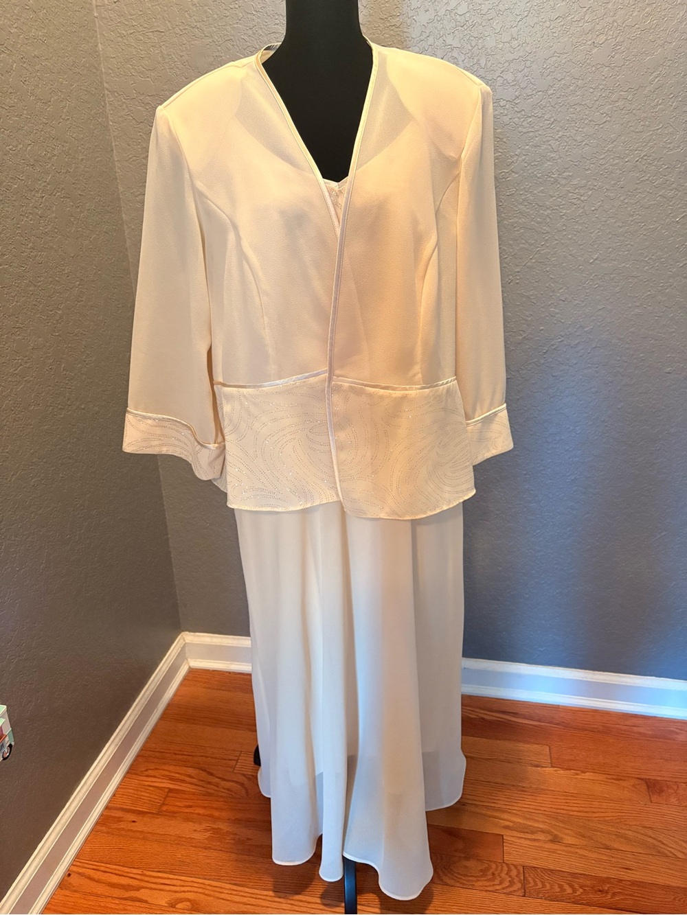 Dana Kay Cream Beaded Formal Dress and Jacket Set